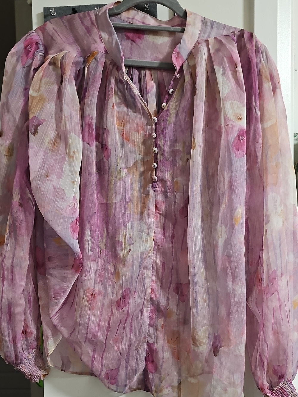 Floral Pink Sheer Button-Front Women’s Blouse